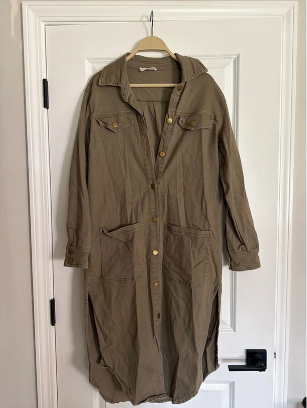 Women’s Olive Green Denim Utility Gorpcore Minimalist Duster with Brass Buttons